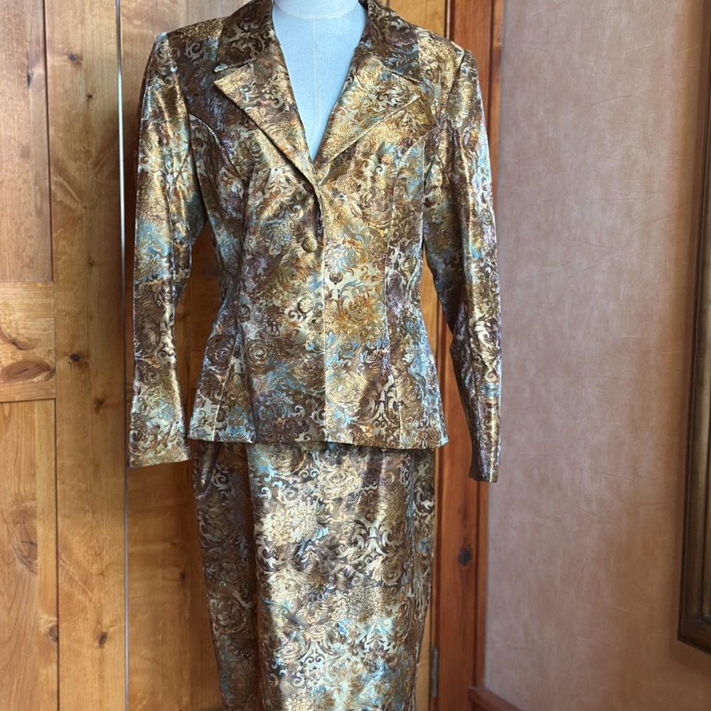 Liancarlo Couture Metallic Paisley Silk Skirt Suit in Gold and Brown
